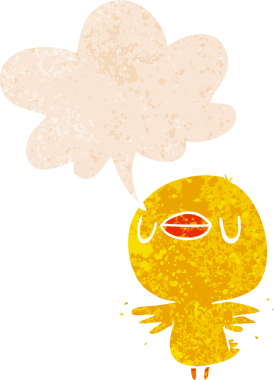 Kanatlarını çırpan bir karikatür yavrusu grunge 'da kederli eski moda bir insan tarafından çizilmiş konuşma baloncuğuyla