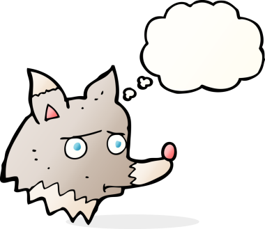 Bir insan tarafından çizilmiş düşünce kabarcığı olan mutsuz bir kurt çizgi filmi.