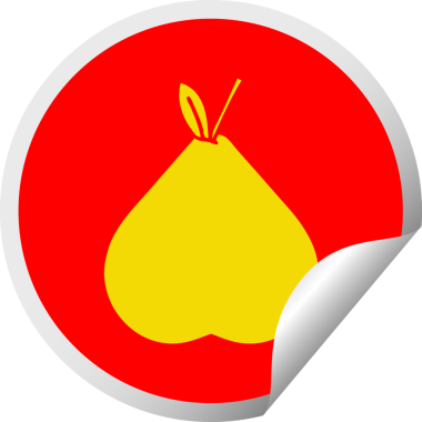 Bir insan tarafından çizilmiş yeşil bir armutun dairesel kabuk soyma etiketi.