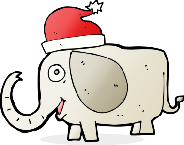 Bir insan tarafından çizilmiş Noel şapkası takan bir fil.