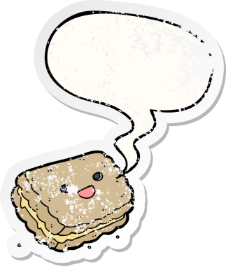 Konuşma balonlu çizgi film bisküvisi bir insan tarafından çizilmiş sıkıntılı eski bir çıkartma