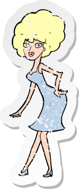 Bir insan tarafından çizilmiş elbise giymiş bir karikatür kadının gerilimli çıkartması.