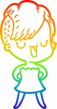 Gökkuşağı gradyan çizimi. Hipster saç kesimi bir insan tarafından çizilmiş şirin bir çizgi film kızı.