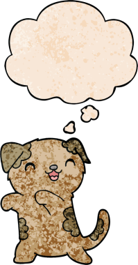 Bir insan tarafından çizilmiş grunge desenli düşünce baloncuğu olan şirin bir çizgi film köpeği.