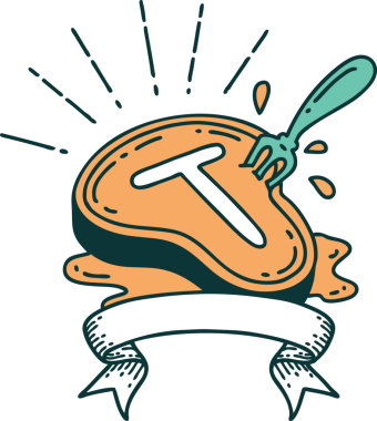 Bir insan tarafından çizilmiş dövmeli biftek ve çatallı parşömen.