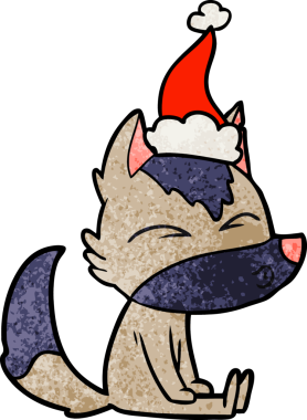 Bir insanın çizdiği Noel Baba şapkasıyla ıslık çalan bir kurdun el çizimi karikatürü.