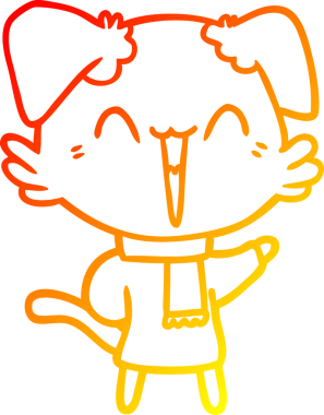 Bir insan tarafından çizilmiş kışlık giysiler içindeki mutlu küçük bir köpeğin sıcak çizgi çizimi.