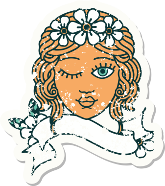 Bir insan tarafından çizilmiş, üzerinde bakirelerin yüzü olan eski bir çıkartma.