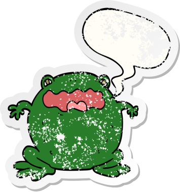 Konuşma baloncuklu çizgi film karakurbağası bir insan tarafından çizilmiş sıkıntılı eski bir çıkartma