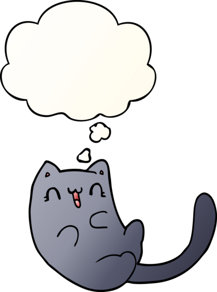 Bir insan tarafından çizilmiş yumuşak eğimli düşünce baloncuklu çizgi film kedisi.