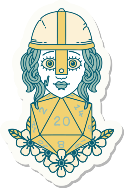 İnsan dövüşçüsünün çıkartması. Bir insan tarafından çizilmiş 20 D20 zarlı.