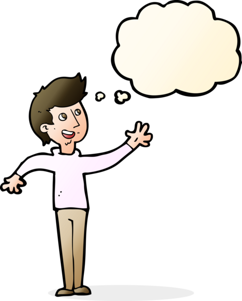 Bir insan tarafından çizilmiş düşünce baloncuğuyla el sallayan çizgi film adamı.