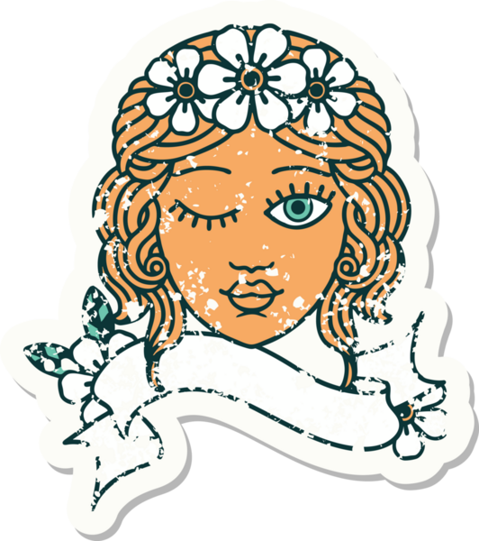 Bir insan tarafından çizilmiş, üzerinde bakirelerin yüzü olan eski bir çıkartma.