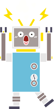 Bir insan tarafından çizilmiş arızalı bir robotun düz renk retro karikatürü