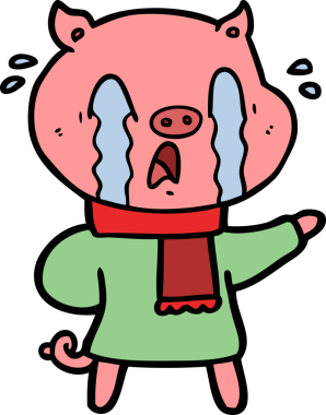 Bir insan tarafından çizilmiş insan kıyafetleri içinde ağlayan domuz çizgi filmi.