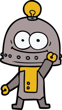 Bir insan tarafından çizilmiş ampullü mutlu karton robot.