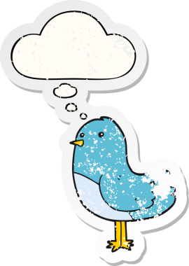 Düşünce baloncuğu olan çizgi film kuşu insan tarafından çizilmiş yıpranmış bir çıkartma gibi.