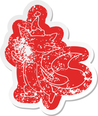 Bir insan tarafından çizilmiş Noel Baba şapkası takan mutlu tilki çıkartması.