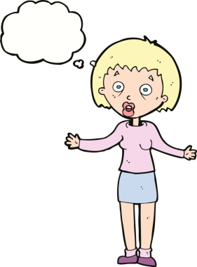 Bir insan tarafından çizilmiş düşünce baloncuğuyla bahaneler üreten çizgi film kadını.
