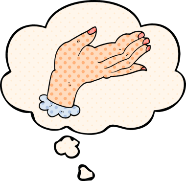 Çizgi roman tarzında bir insan tarafından çizilmiş düşünce baloncuğu olan çizgi film eli.