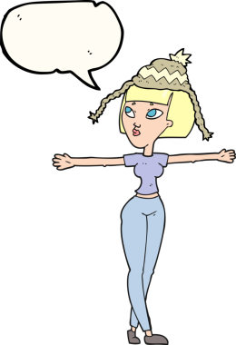 Bir insan tarafından çizilmiş şapkalı serbest konuşma balonu karikatürü kadın.