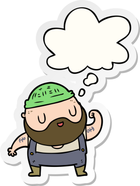 Düşünce baloncuğu insan tarafından çizilmiş bir çıkartma olan karton iskele işçisi