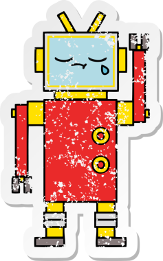 Bir insan tarafından çizilmiş ağlayan şirin bir çizgi robotun sıkıntılı çıkartması.