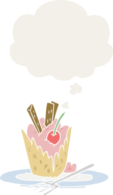 Düşünce baloncuklu karikatür tatlısını bir insan çizmiş.