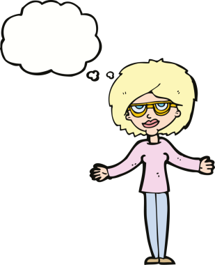 Bir insan tarafından çizilmiş düşünce balonlu gözlük takan çizgi film kadını.