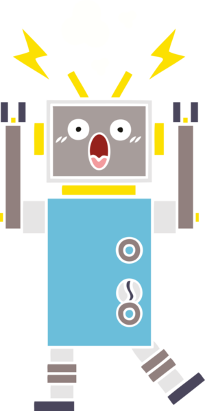 Bir insan tarafından çizilmiş arızalı bir robotun düz renk retro karikatürü