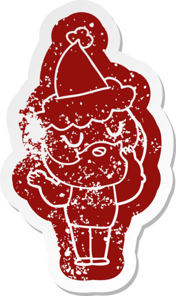 Garip bir çizgi film, sakallı, Noel Baba şapkası takan bir adamın insan tarafından çizilmiş çıkartması.