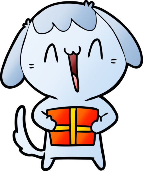 Bir insan tarafından çizilmiş Noel hediyesi olan sevimli bir çizgi film köpeği.