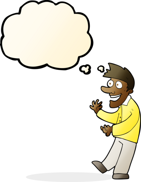 Bir insan tarafından çizilmiş düşünce baloncuğu ile heyecanlı bir adam.