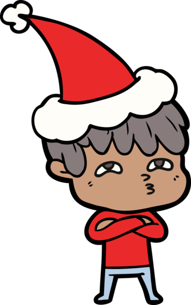 Bir insan tarafından çizilmiş Noel Baba şapkası takan meraklı bir adamın el çizimi.