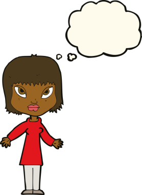 Bir insan tarafından çizilmiş düşünce balonlu açık kollu çizgi film kadını.