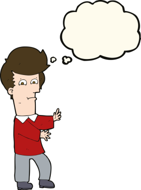 Bir insan tarafından çizilmiş düşünce baloncuğuyla el kol hareketi yapan bir çizgi film adamı.