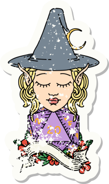 Bir insan tarafından çizilmiş doğal yirmi zarlı elf büyücü karakterinin grunge sticker 'ı.