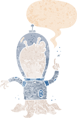 grunge 'da konuşma baloncuğu olan karikatür uzaylıları bir insan tarafından çizilmiş rahatsız edici retro stil.