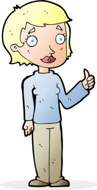 Bir insan tarafından çizilmiş başparmak işareti veren çizgi film kadını.