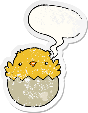 Karikatür civcivi yumurtadan çıkıyor. Konuşma baloncuğuyla. Bir insan tarafından çizilmiş sıkıntılı eski bir çıkartma.