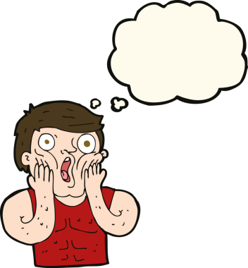 Bir insan tarafından çizilmiş düşünce balonuyla şok olmuş bir spor salonu adamı.