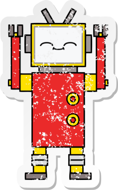 Bir insan tarafından çizilmiş sevimli bir robot çizgi film çıkartması.