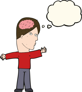 Düşünce baloncuğu insan tarafından çizilmiş beyni olan çizgi film adamı.