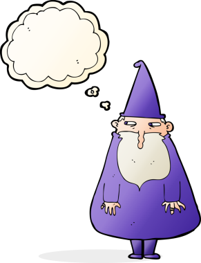 Bir insan tarafından çizilmiş düşünce baloncuğu olan çizgi film sihirbazı