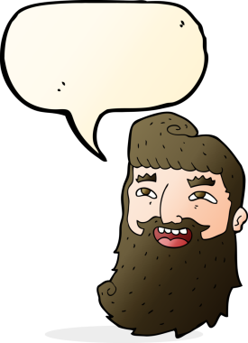 Bir insan tarafından çizilmiş konuşma balonuyla gülen sakallı bir çizgi film adamı.