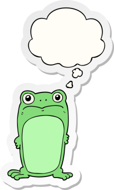 İnsan tarafından çizilmiş bir çıkartma gibi düşünce baloncuğu olan çizgi film bakışlı kurbağa.