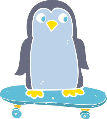 Bir insan tarafından çizilen kaykay süren penguenin düz renk çizimi