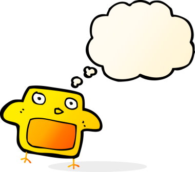 Bir insan tarafından çizilmiş düşünce baloncuklu çizgi film kuşu.