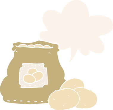 Bir insan tarafından çizilmiş, içinde konuşma balonu olan bir patates çuvalı.