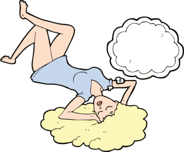 Bir insan tarafından çizilmiş düşünce baloncuğuyla yerde yatan çizgi film kadını.